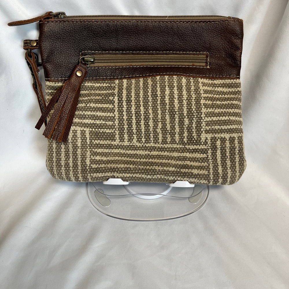 Myra Bag EUC, Brown/ Cream Clutch, Canvas/ Leather, pocket, each Myra unique